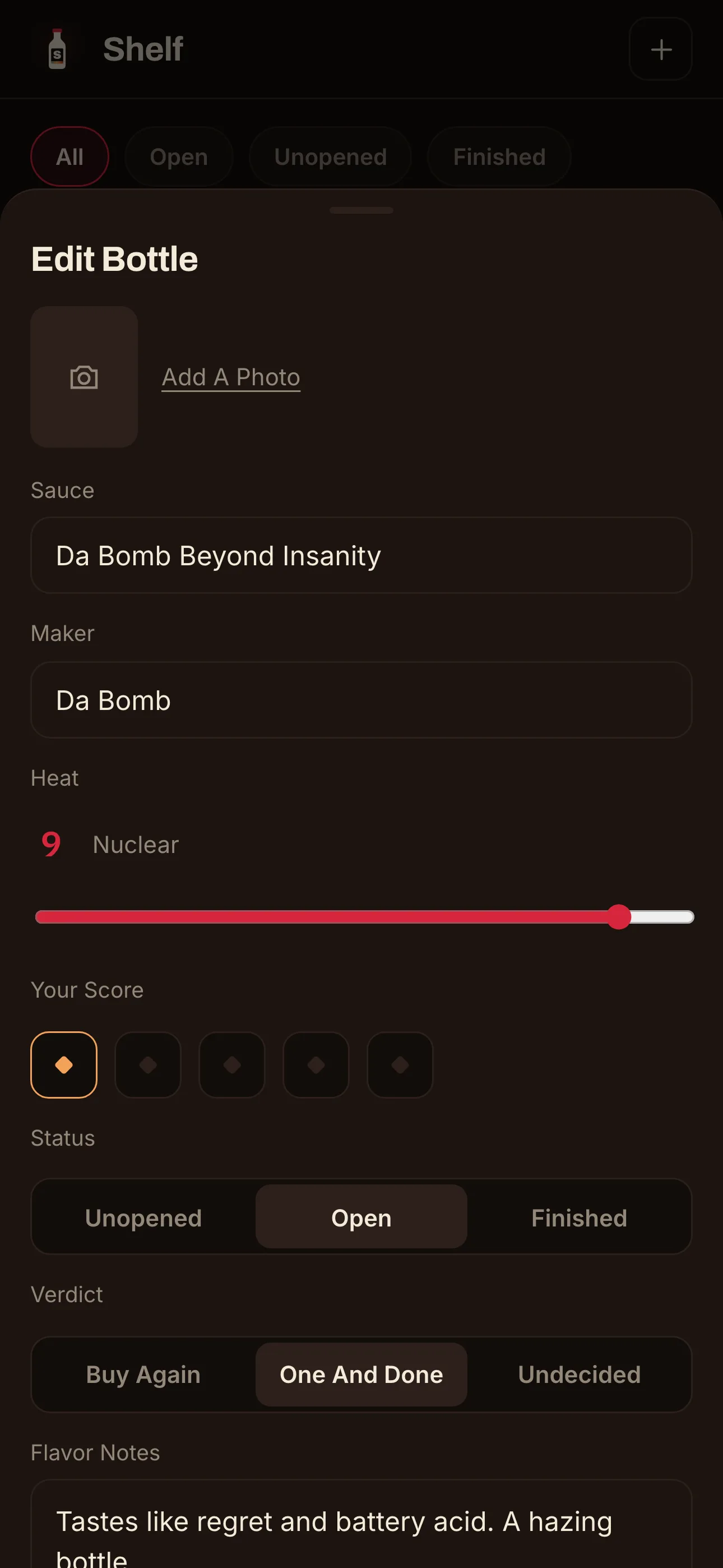 Editing a bottle's heat, score, status, and verdict